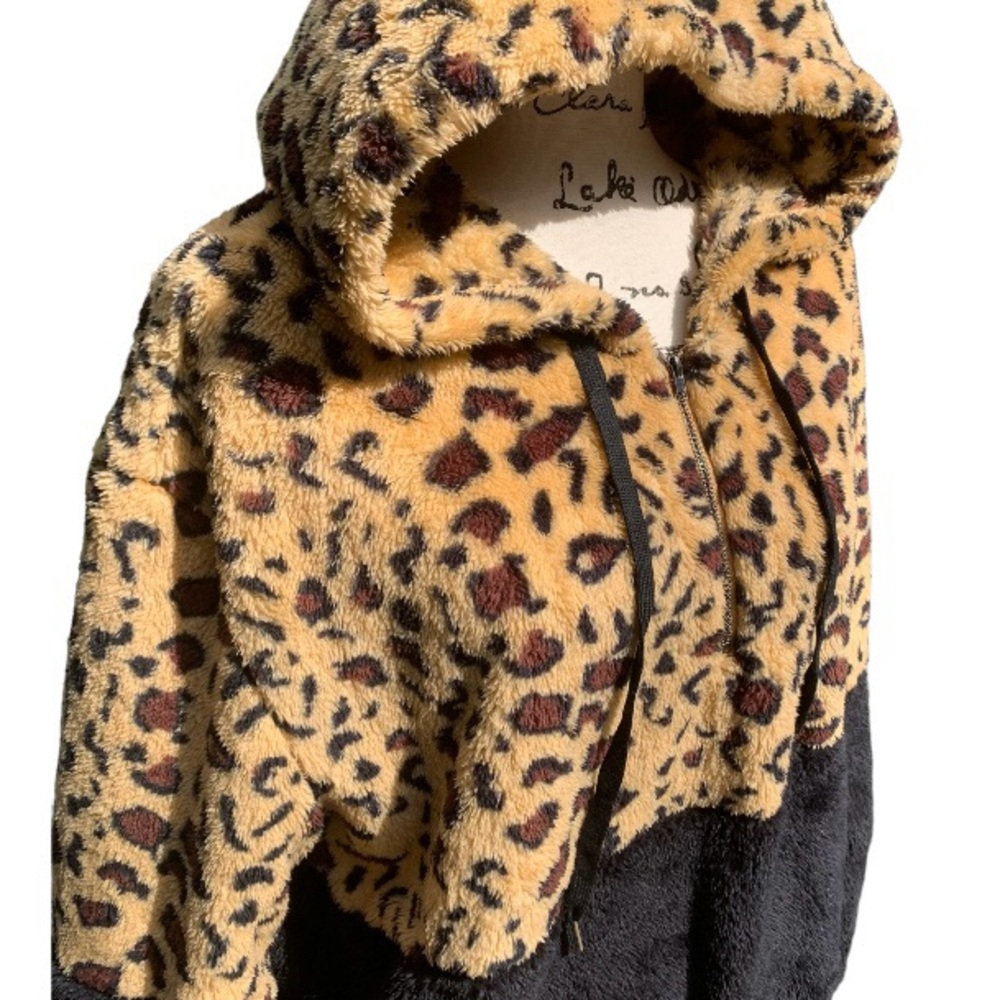 LEOPARD Print & Black Faux Fur Plush Sherpa Hoodie Sweatshirt Women’s Size Large